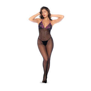 Mapale - Whispered Lace Fishnet Bodystocking  - Black/Purple